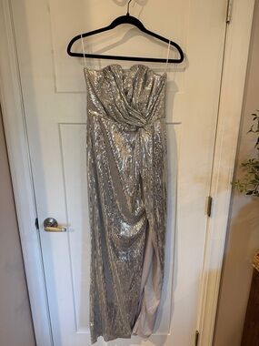 Selfie Leslie Silver Sequin Strapless Dress with Knot Detail